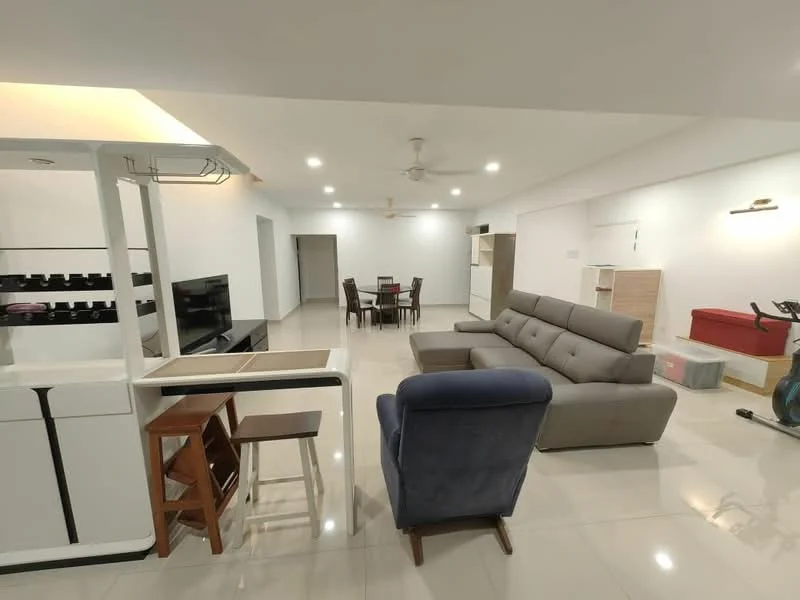 Living features: grey sectional sofa, coffee table, wall-mounted TV, dining table with chairs, ceiling fan, recessed downlights, white painted walls, glossy tile flooring, exercise bike, decorative shelving unit, red upholstered bench; style: modern.