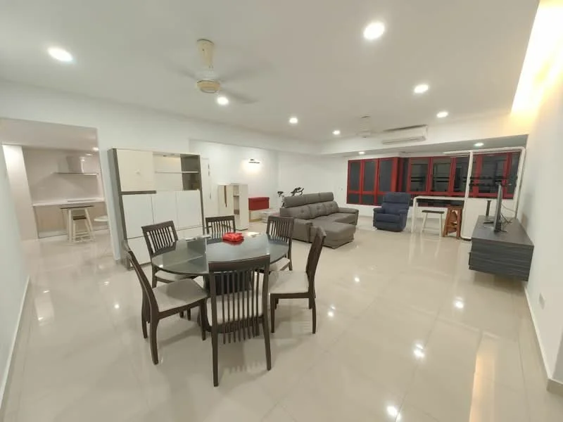 Living features: white painted walls, glossy tile flooring, 5-blade ceiling fan with light, sofa in grey fabric, dining table with 6 chairs, TV console, large windows with red frames, recliner chair in blue fabric, decorative wall lighting, open layout, neutral color scheme; style: modern.