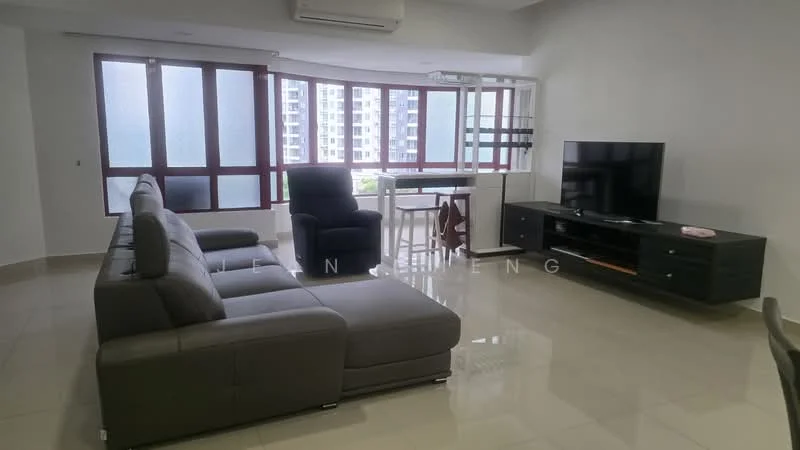 Living features: L-shape sectional sofa in grey, coffee table, TV console, wall-mounted TV, floor-to-ceiling windows, white painted walls, glossy tile flooring, air conditioning unit, decorative wall shelf; style: modern; view: city.