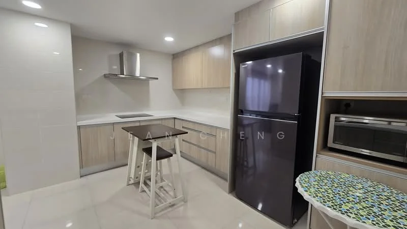 Kitchen features: white quartz countertop, light wood cabinetry, stainless-steel range hood, built-in cooktop, stainless-steel fridge, microwave, bar table with two stools, ceramic tile flooring, recessed LED downlights, white tiled backsplash; style: modern.