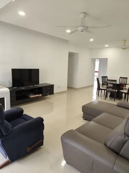 Living features: 3-seater sectional sofa in grey, 2-seater fabric sofa in blue, coffee table, TV console, wall-mounted TV, recessed LED downlights, ceiling fan, glossy tile flooring, white painted walls, dining table with 6 chairs, open layout, natural light from windows; style: modern.