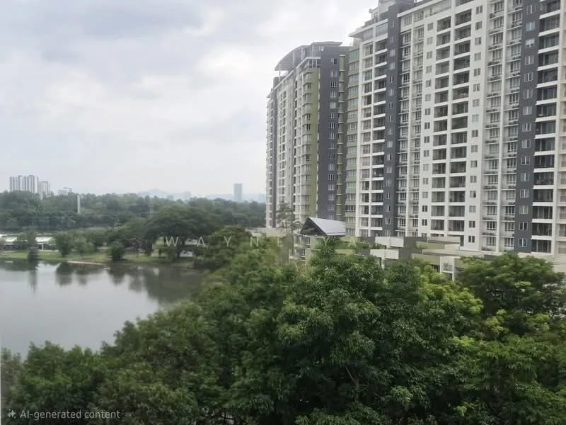 Exterior type: high-rise condominium; features: glass curtain wall, green landscaping, waterfront view, surrounded by greenery, multiple balconies, modern architectural design; style: modern.