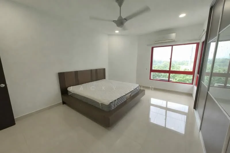 Bedroom features: king-size bed, upholstered headboard, white painted walls, glossy tile flooring, floor-to-ceiling windows, red window frames, ceiling fan, built-in wardrobe with sliding doors, air conditioning unit; style: modern; view: garden.