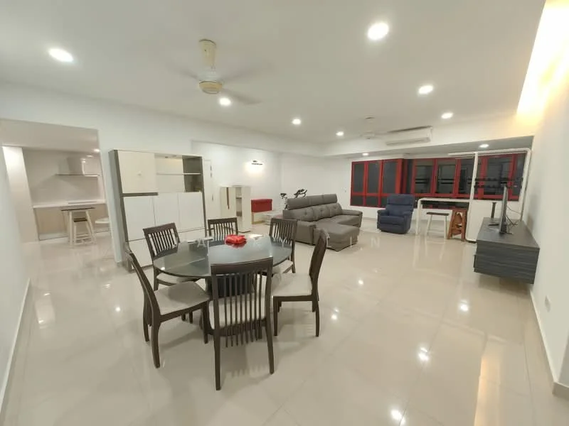 Living features: white painted walls, glossy ceramic tile flooring, 5-blade ceiling fan with light, sofa in grey fabric, coffee table, TV console, wall-mounted TV, dining table for 6 with wooden chairs, large windows with red frames, recessed lighting, open layout, decorative bowl on dining table; style: modern. Kitchen features: white cabinetry, light wood cabinetry, stainless-steel appliances, kitchen island, open layout to living area; style: modern.