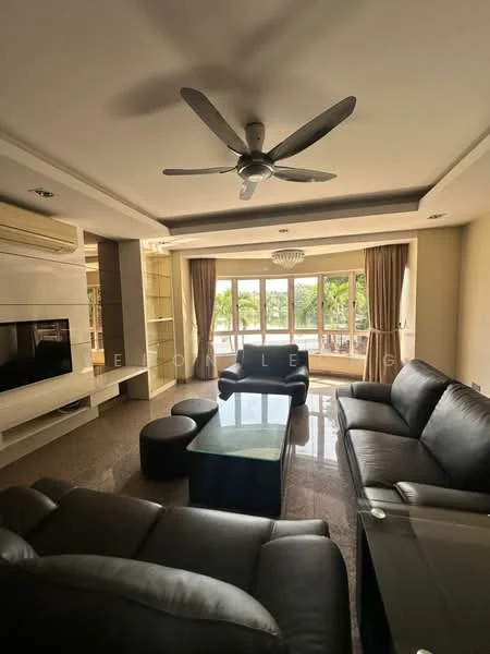 Living features: 3-seater leather sofa in black, 2-seater leather sofa in black, coffee table with glass top, TV console with wall-mounted TV, ceiling fan with light, recessed downlights, floor-to-ceiling windows, curtains, marble flooring, decorative ceiling with feature lighting, open shelving unit; style: modern; view: garden.
