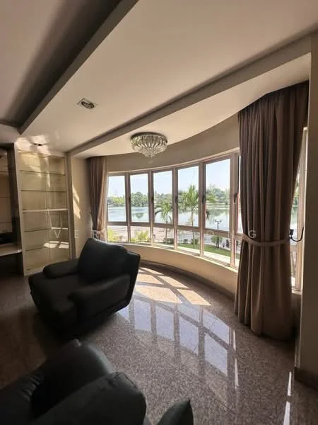Living features: curved bay windows, floor-to-ceiling windows, beige curtains, chandelier, polished granite flooring, light-colored walls, recessed ceiling with lighting, view of water, view of palm trees; style: modern; view: garden.