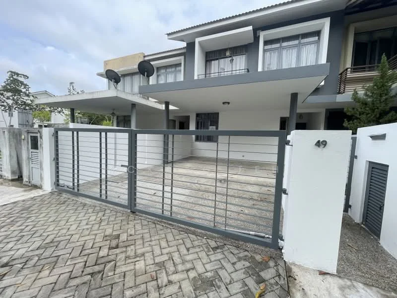 Exterior type: linked terrace house; features: grey painted facade, two-storey structure, sliding glass doors, front porch area, metal gate, paved driveway, landscaped garden, two wall-mounted outdoor lights, white walls, large windows, concrete boundary wall; style: modern.