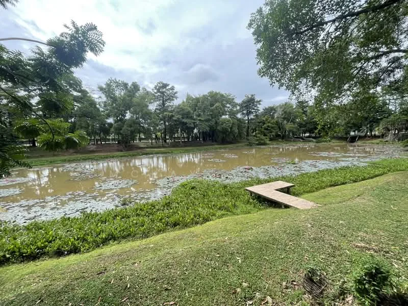 Exterior type: landscape garden; features: pond with water lilies, lush greenery, manicured lawn, wooden deck, surrounding trees, natural landscape, calm water surface, open space; style: tropical-modern.