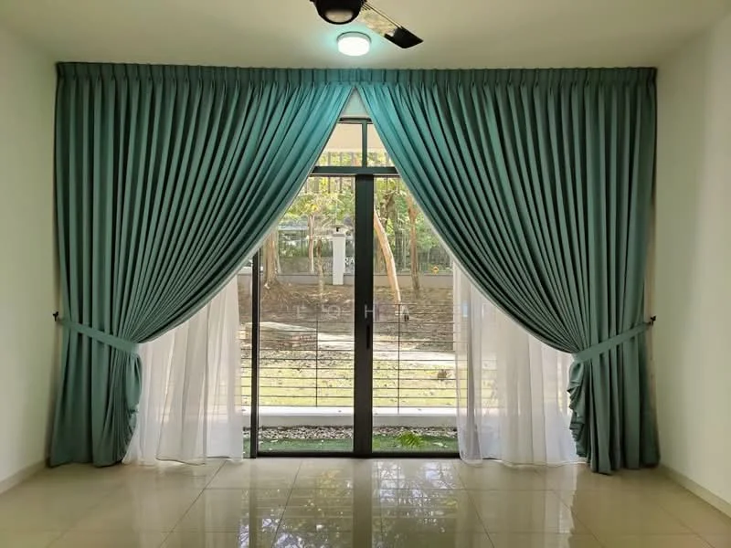 Room features: floor-to-ceiling windows, green curtains, sheer white curtains, tile flooring, recessed ceiling light, view of outdoor greenery; style: modern; view: garden.