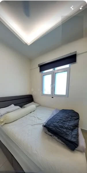 Bedroom features: queen-size bed, upholstered headboard, white walls, recessed ceiling with LED lighting, window with white frame, blackout roller blinds, bedding with quilt, light-colored bed linens; style: modern.