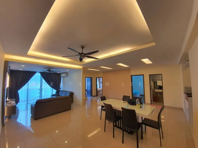 Living features: 5-blade ceiling fan with light, recessed LED downlights, cream painted walls, glossy tile flooring, floor-to-ceiling windows, grey fabric sofa, dining table with black chairs, open layout, decorative wall panel, curtains, kitchen area visible in background; style: modern; view: city.