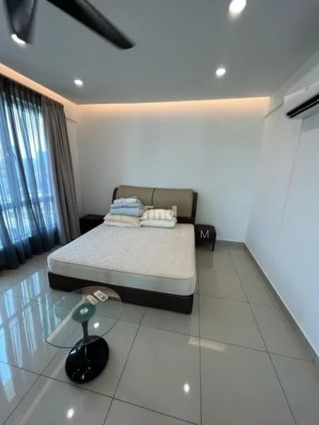 Bedroom features: queen-size bed, upholstered headboard, bedside table, glass coffee table, floor-to-ceiling windows, sheer curtains, wall-mounted split AC, recessed downlights, white painted walls, glossy tile flooring; style: modern; view: city.