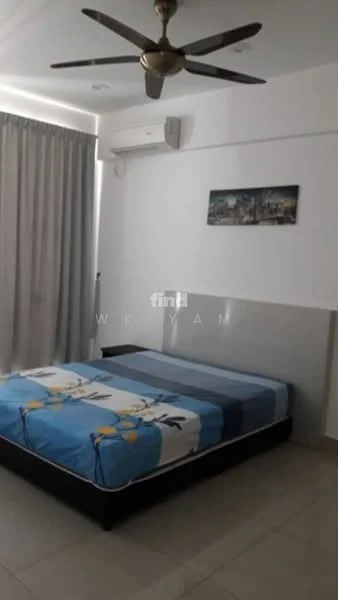Bedroom features: king-size bed with blue and white bedding, 5-blade ceiling fan, wall-mounted air conditioning unit, grey curtains, white painted walls, tile flooring, framed artwork on wall, nightstand with lamp; style: modern.