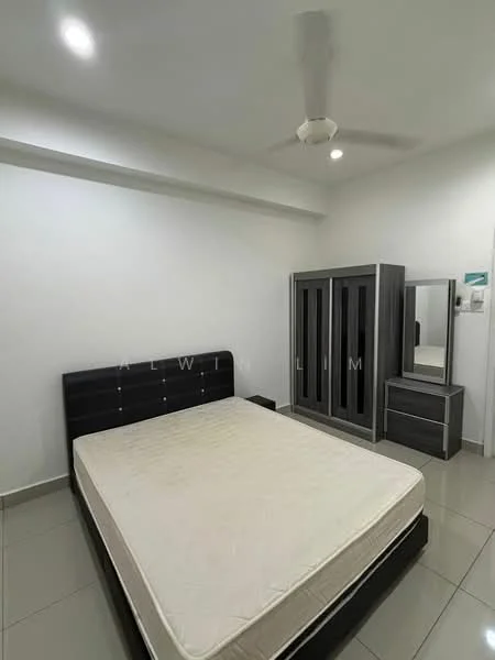 Bedroom features: queen-size bed, black upholstered headboard, grey wardrobe with sliding doors, matching bedside table with drawers, white painted walls, recessed downlights, ceiling fan, tile flooring; style: modern.