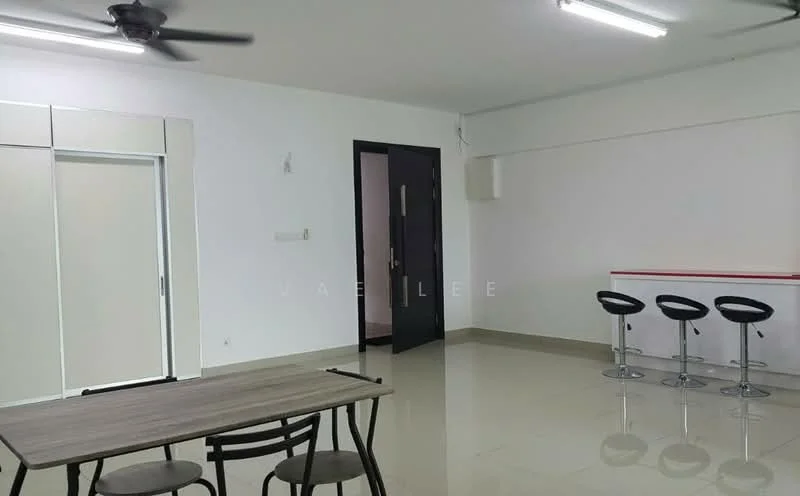 Room features: white painted walls, polished tile flooring, ceiling fan, recessed ceiling lights, bar counter with stools, dining table with chairs, sliding door wardrobe, doorway leading to another room; style: modern.
