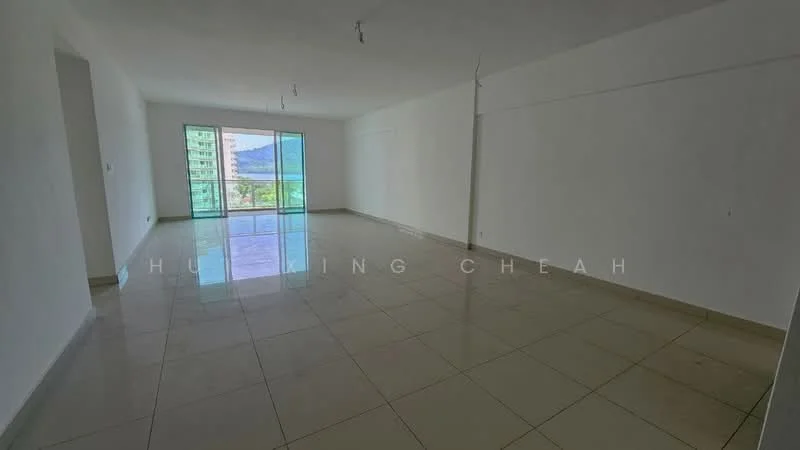 Room features: white painted walls, glossy ceramic tile flooring, large floor-to-ceiling windows, mountain view, natural light, neutral color scheme, open layout, no visible furniture; style: modern; view: mountain.