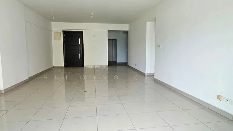 Living features: white painted walls, polished ceramic tile flooring, recessed downlights, floor-to-ceiling windows, double-door entry, open layout, neutral color palette, no visible furniture; style: modern.