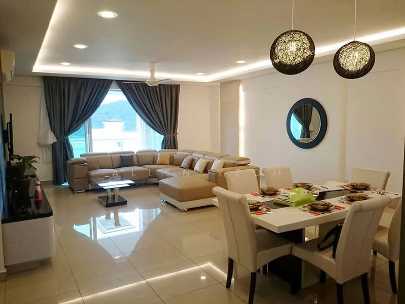 Living features: L-shape sectional sofa in beige, glass coffee table, TV console, wall-mounted TV, dining table with 6 upholstered chairs, recessed downlights, ceiling fan, floor-to-ceiling windows, curtains, decorative mirror, polished tile flooring, wall with accent lighting; style: modern; view: city.