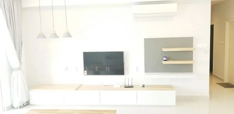 Living features: white painted walls, light grey accent wall, white ceiling, recessed downlights, 3-blade ceiling fan, floor-to-ceiling windows with sheer curtains, TV mounted on wall, wooden TV console, floating shelves, light-colored tiled flooring, air conditioning unit; style: modern.