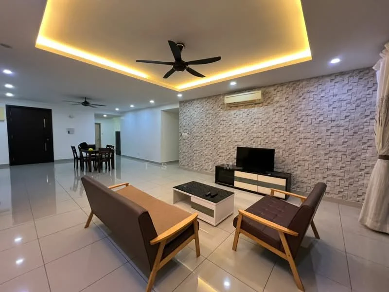 Living features: 2-seater fabric sofa in beige, 2-seater leather sofa in dark brown, white coffee table, wall-mounted TV, TV console in white, exposed stone accent wall, recessed LED downlights, 5-blade ceiling fan, glossy tile flooring, air conditioning unit, sheer curtains, decorative wall paneling; style: modern. Dining features: 6-seater dining table, wooden dining chairs, glossy tile flooring; style: modern.