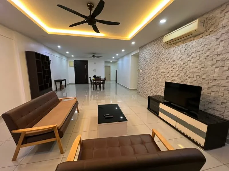 Living features: 2-seater leather sofa in brown, 3-seater fabric sofa in beige, coffee table with black surface, TV console in white and black, wall-mounted TV, stone accent wall, recessed LED downlights, ceiling fan, air conditioning unit, glossy tiled flooring, decorative wall paneling, open layout to dining area; style: modern.