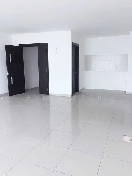 Room features: white painted walls, grey floor tiles, double-door black entrance door, single door leading to another room, kitchen area with white tiled backsplash, open layout, recessed ceiling lights, no visible furniture or decor; style: modern.