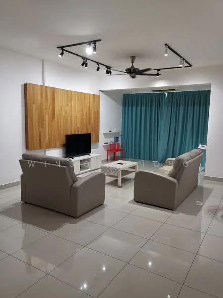 Living features: 2-seater fabric sofa in light grey, 3-seater fabric sofa in light grey, coffee table, wall-mounted TV, wood feature wall, recessed lighting, ceiling fan with light, floor-to-ceiling windows with curtains, glossy tile flooring, decorative shelving unit; style: modern.