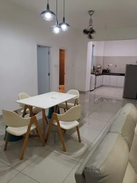 Dining features: white dining table, 4 wooden dining chairs with light upholstery, pendant lighting with three bulbs, white walls, ceramic tile flooring, ceiling fan, open layout to kitchen, refrigerator visible in background; style: modern. Kitchen features: black countertops, white cabinetry, stainless-steel refrigerator, kitchen sink visible, wall-mounted cabinets; style: modern.