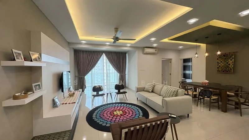 Living features: white painted walls, tray ceiling with recessed lighting, 5-blade ceiling fan with light, large floor-to-ceiling windows with sheer curtains, light grey sofa, colorful circular area rug, wooden coffee table, wall-mounted TV, white entertainment unit, dining table with wooden chairs, decorative wall art, air conditioning unit; style: modern; view: city.