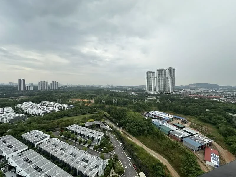 Exterior type: high-rise condominium; features: city skyline view, surrounded by greenery, multiple high-rise buildings, low-rise residential buildings, open land area, roadway visible, urban landscape; style: modern.
