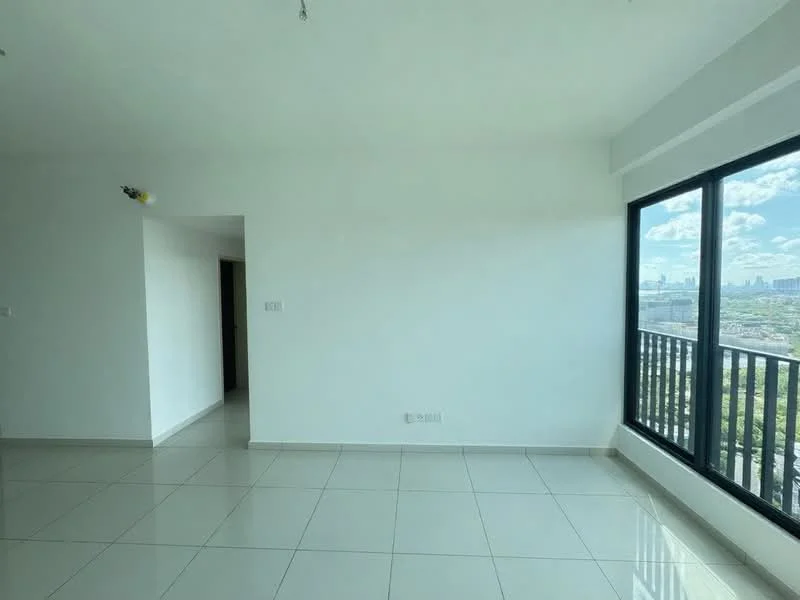 Living features: white painted walls, glossy ceramic tile flooring, floor-to-ceiling windows, city view, recessed downlights, open layout, no visible furniture, natural light; style: modern; view: city.