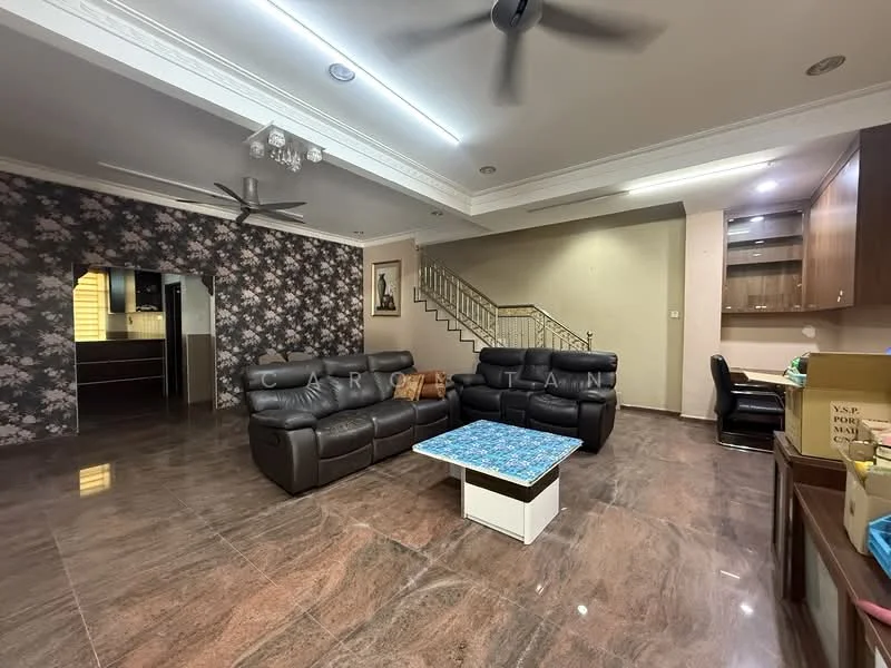 Living features: 3-seater leather sofa in black, 2-seater leather sofa in black, coffee table with white base, marble tile flooring, floral wallpaper accent wall, recessed downlights, ceiling fan, wall-mounted artwork, staircase in background, open layout to kitchen, decorative ceiling with crown moulding; style: modern. Kitchen features: dark cabinetry, open layout to living area, unknown appliances; style: modern.
