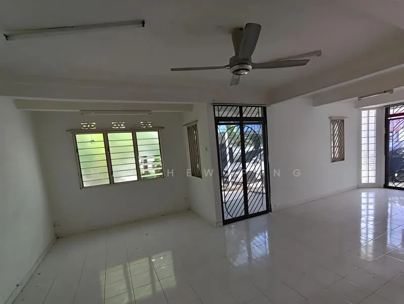Room features: white painted walls, glossy tile flooring, ceiling fan, sliding glass door, grille window, natural light from windows, open layout, no visible furniture.