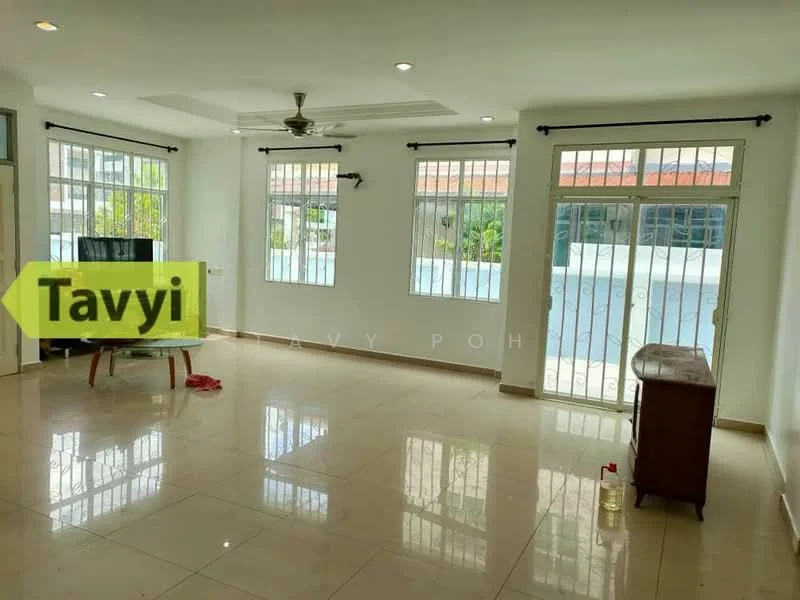 Living features: white painted walls, cream tiled flooring, 5-blade ceiling fan with light, floor-to-ceiling windows, sliding glass door, natural light from windows, window treatments with curtains, built-in cabinetry, open layout; style: modern; view: garden.