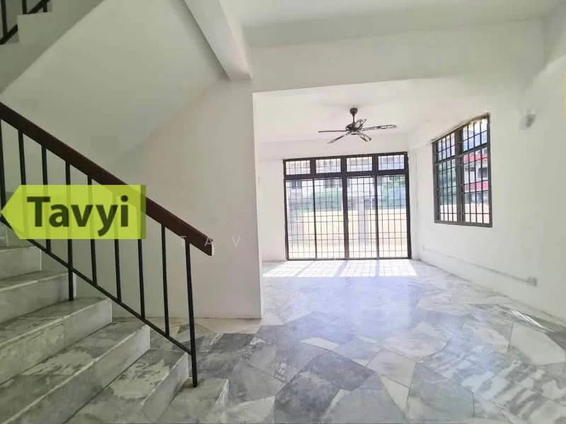 Room features: marble flooring, white painted walls, ceiling fan, large windows, metal railing, staircase, natural light, open layout; style: modern; view: garden.