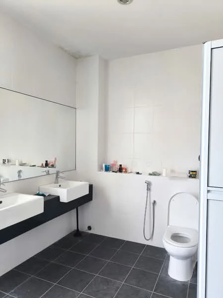 Bathroom features: white tiled walls, grey floor tiles, double-sink vanity with wall-mounted faucets, large mirror above the sinks, toilet, shower area with handheld shower, built-in storage cabinet, minimalist design; style: modern.