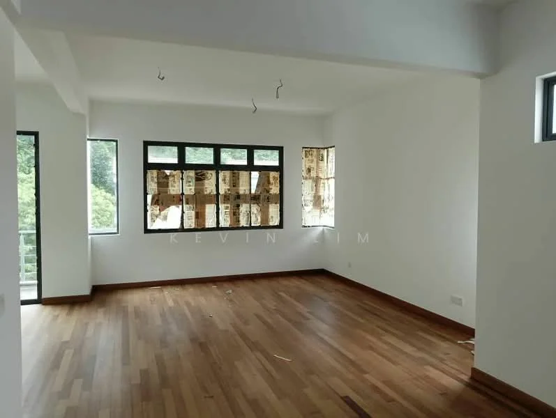 Room features: white painted walls, wooden flooring, large windows, curtains with patterned design, natural light from multiple angles, no visible furniture, minimalist decor, high ceiling; style: modern; view: garden.