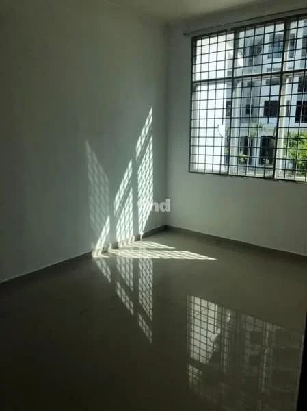Room features: white painted walls, glossy tile flooring, large grid-patterned windows, natural light casting shadows, corner room, no visible furniture, neutral color scheme; style: minimalist; view: garden.