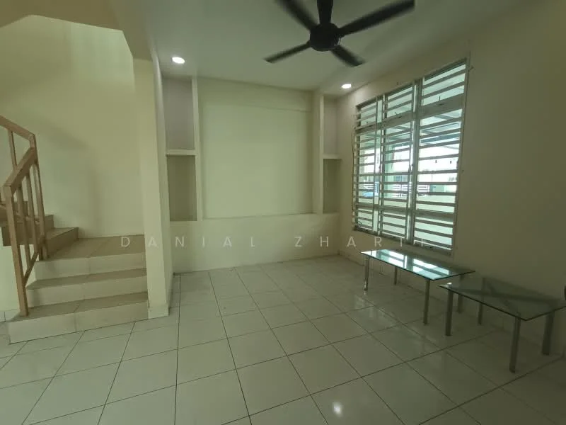 Living features: white painted walls, glossy tile flooring, 5-blade ceiling fan, large windows with horizontal slats, glass coffee table, built-in shelving, staircase leading to upper floor, neutral color scheme; style: modern.