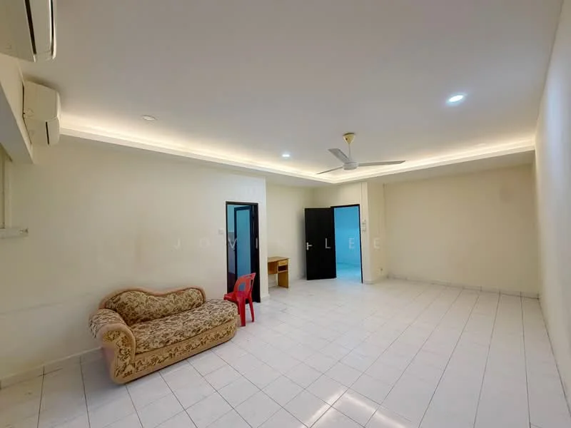 Living features: white painted walls, white tiled flooring, ceiling fan, recessed LED downlights, sofa with floral pattern, red plastic chair, wooden desk, door leading to another room; style: modern.