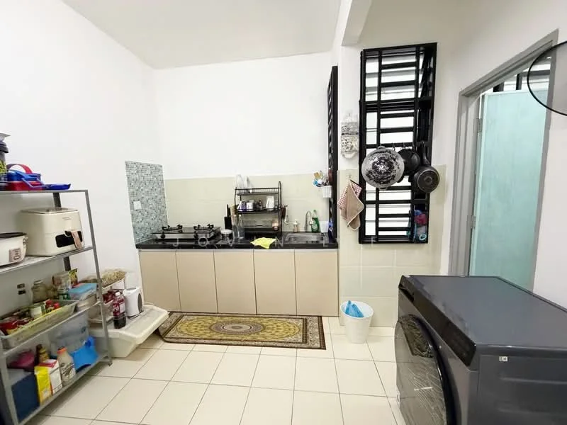 Kitchen features: white painted walls, ceramic tile flooring, grey cabinetry, stainless-steel gas hob, stainless-steel sink, chrome faucet, black washing machine, decorative area rug, open shelving unit, refrigerator, window with black metal grilles, countertop with space for appliances; style: modern.