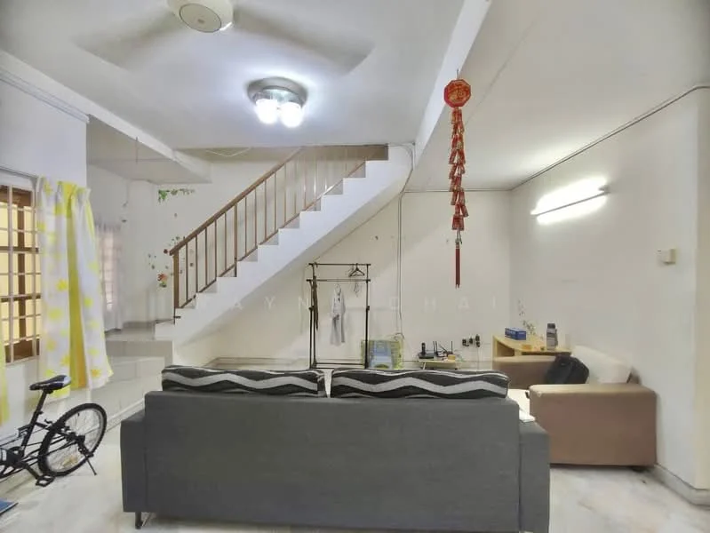 Living features: 3-seater fabric sofa in grey, 2-seater sofa in beige, coffee table, wall-mounted TV, ceiling fan with light, recessed lighting, marble flooring, staircase with wooden railing, decorative wall with plants, bicycle, open shelving unit, window with sheer curtains; style: modern.