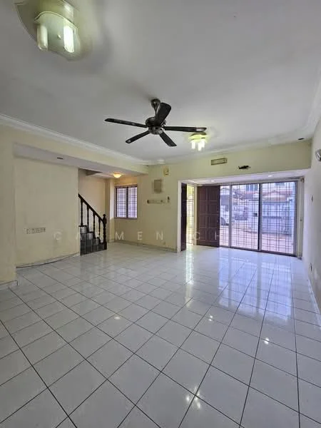 Living features: white painted walls, glossy white tile flooring, 5-blade ceiling fan with light, recessed downlights, large sliding glass door, window with security bars, staircase leading to upper floor, air conditioning unit; style: modern; view: garden.