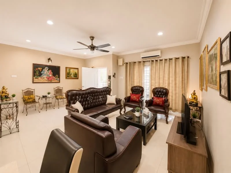 Living features: 5-blade ceiling fan with light, recessed downlights, cream painted walls, white ceiling with crown moulding, marble tile flooring, brown leather sofa, 2 red upholstered armchairs, wooden coffee table, TV console, wall-mounted TV, decorative wall art, curtains with sheer and blackout layers, decorative plants in pots; style: contemporary.