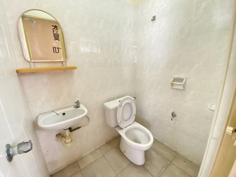 Bathroom features: white tiled walls, light grey tiled flooring, one-piece toilet, wall-mounted sink, mirror with wooden shelf, toilet paper holder, shower head mount, wall-mounted soap dish.