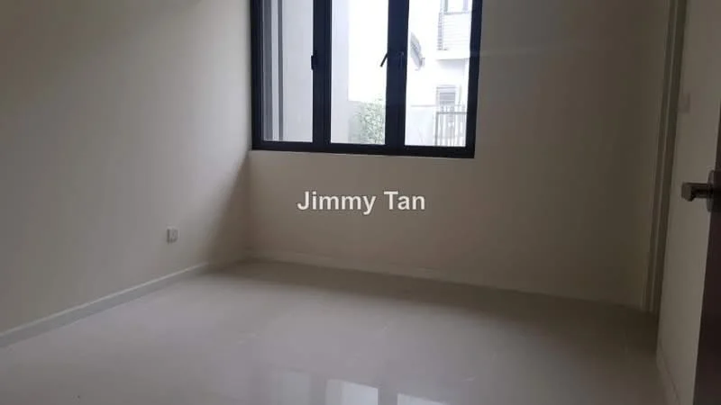 Room features: white painted walls, glossy tile flooring, large window with black frame, no visible furniture, neutral color scheme; style: modern.