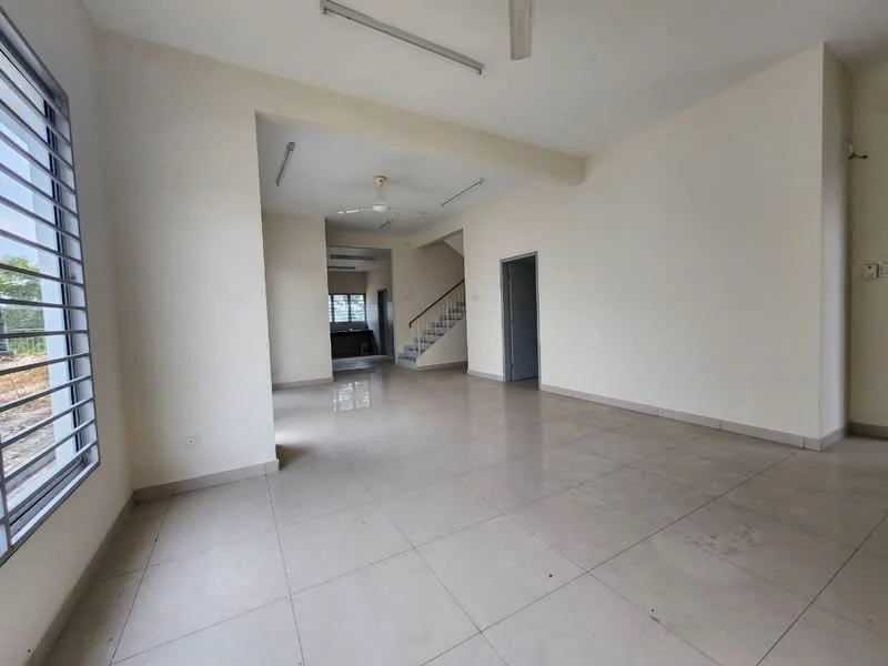 Living features: cream painted walls, tile flooring, ceiling fan, large windows with horizontal slats, staircase visible in background, open layout, natural light, neutral color scheme; style: modern; view: garden.