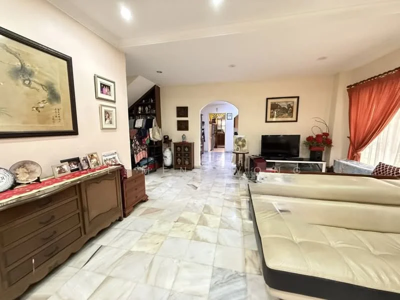 Living features: marble flooring, cream painted walls, recessed downlights, sofa with cream upholstery, wooden sideboard, wall-mounted TV, decorative artwork, framed photographs, curtains with floral pattern, open layout to adjacent room; style: traditional. Room features: archway leading to another room, decorative plants, wooden furniture, additional seating area.
