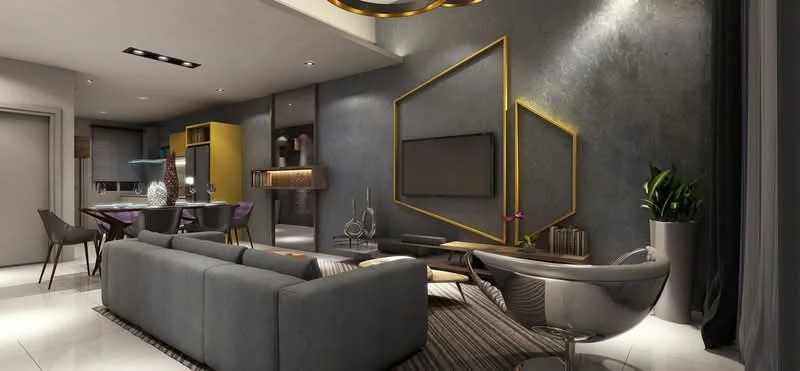 Living features: grey fabric sofa, round accent chair, coffee table, wall-mounted TV, decorative wall with geometric gold accents, recessed ceiling lights, pendant light fixture, area rug with striped pattern, large windows with sheer curtains, potted plant, open-plan layout, polished tile flooring; style: modern. Dining features: dining table with chairs, modern light fixture above dining table, open kitchen area, bar stools at kitchen counter; style: modern.