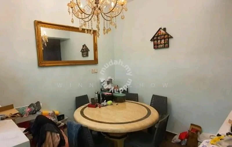 Dining features: round dining table with marble top, upholstered dining chairs, chandelier with multiple bulbs, framed mirror on wall, light blue painted walls, decorative wall clock, small decorative wall hanging, cluttered surface with various items; style: modern.